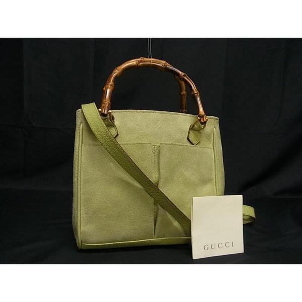 GUCCI Bamboo Suede Handbag Tote Shoulder Crossbody Green